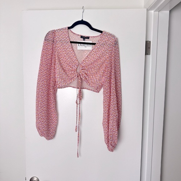 Pink & Orange Printed Long Sleeve Crop Top Keyhole Design Summer - Picture 1 of 13